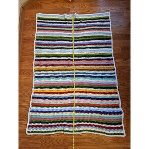 Striped Rainbow Multi Colored Handmade Crochet Knit Blanket Afghan Throw 54x37